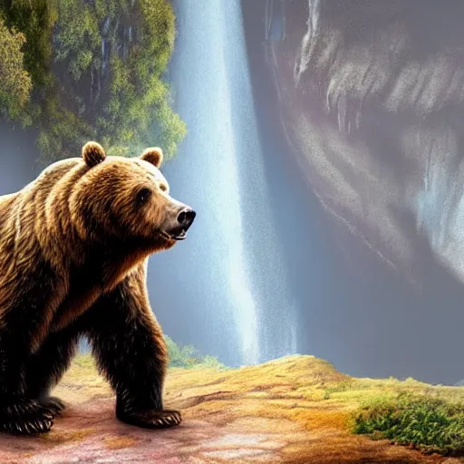 Image similar to a monstrous giant grizzly bear inside of a cave near a waterfall, highly detailed matte painting, sense of awe