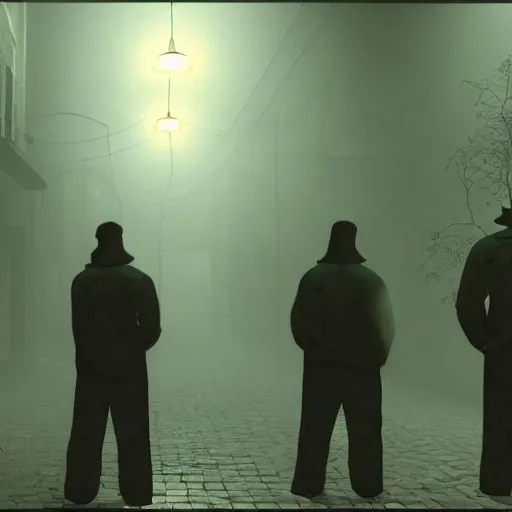 Image similar to a group of men dressed as clowns standing around a tv screen in a dark foggy alley in silent hill