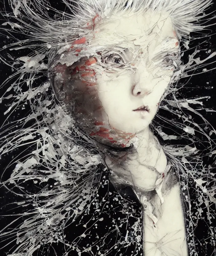 Image similar to Yoshitaka Amano realistic illustration of an anime girl with white hair and cracks on her face wearing dress suit with tie fluttering in the wind, abstract black and white patterns on the background, noisy film grain effect, highly detailed, Renaissance oil painting, weird portrait angle