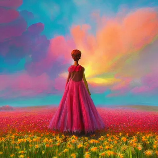 Prompt: giant daisy flowers as head, full body girl standing in a flower field, surreal photography, sunrise, dramatic light, impressionist painting, colorful clouds, digital painting, artstation, simon stalenhag