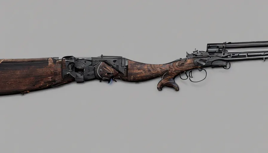 Prompt: Digital drawing of a muzzleloaded flintlock AK47 from the site grabAgun, gunbroker, white background, firearms photography, product photography, professional gunsmithing, top down photo, gun auction, 4k. high quality, concept art, postapocalyptic