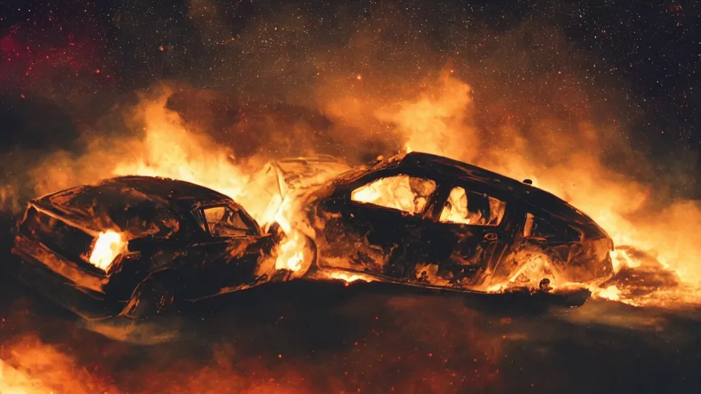 Image similar to movie still of a burning car in outer space