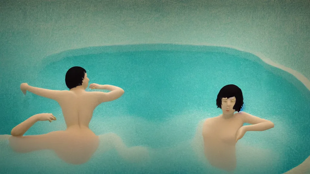 Image similar to a bather in a natural hot spring, japan, a collage painting, in the style of wes anderson, lola dupre, david hockney, isolated on negative white space background dark monochrome neon spraypaint accents volumetric octane render