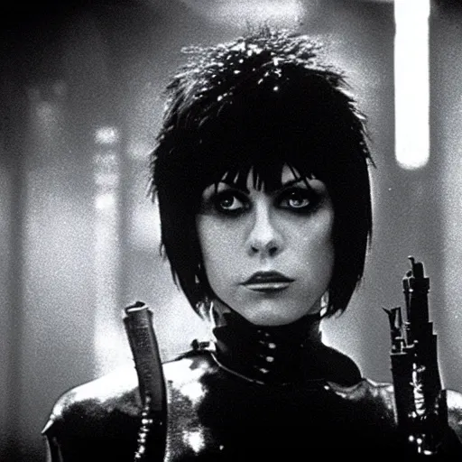 Image similar to a film portrait still of joan jett in blade runner, gritty cyberpunk atmosphere. realism, cinematic lighting, beautiful gothic fantasy photorealistic, 4 k. 8 mm. grainy. panavision.