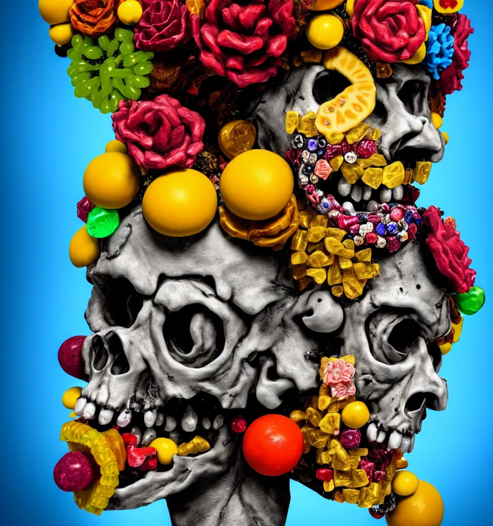 Prompt: headshot of a zombie punk rock star, head made of fruit gems and flowers in the style of arcimboldo, fragonard, photorealistic, dynamic lighting, action figure, clay sculpture, claymation, gray blue and yellow, stage spotlight lighting