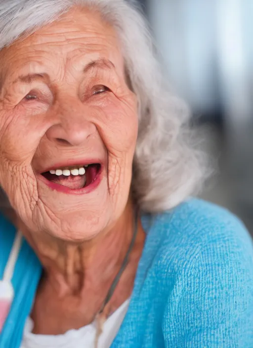 Prompt: old lady smiling remembering her youth, portrait, close up, IMAX, 8k