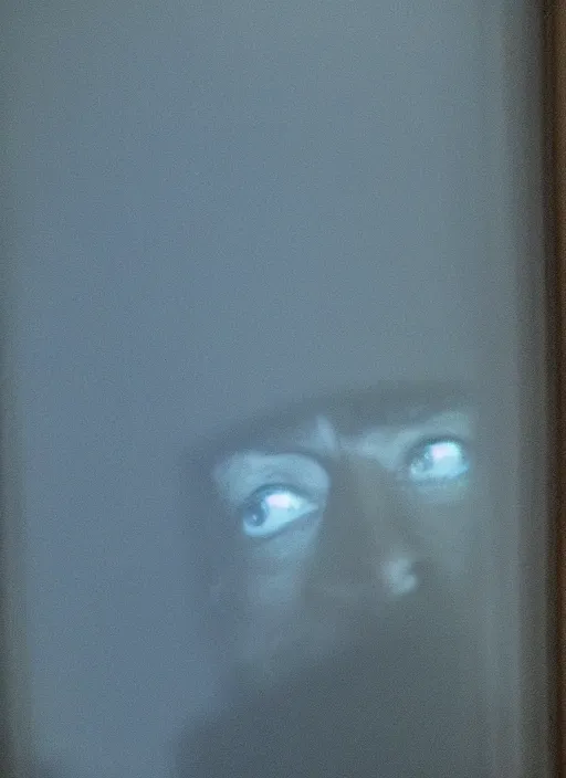 Image similar to dark photo of dark blue rainy bedroom window at night, dimly lit creepy face of elon musk staring in through the window, horror, scary face,