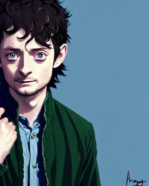 Image similar to portrait Anime joyful happy Elijah Wood playing Hobbit Frodo Baggins; velvet brown jacket, backpack || cute-fine-face, pretty face, realistic shaded Perfect face, fine details. Anime. realistic shaded lighting by Ilya Kuvshinov katsuhiro otomo ghost-in-the-shell, magali villeneuve, artgerm, Jeremy Lipkin and Michael Garmash and Rob Rey