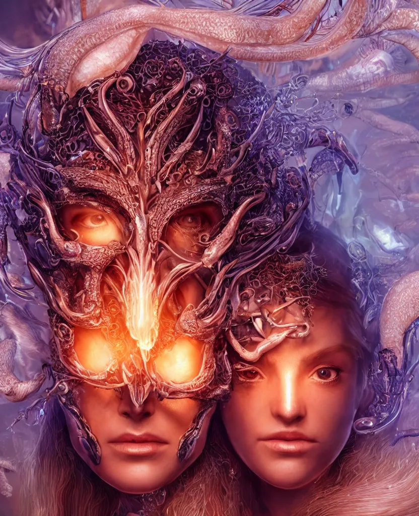 Image similar to close-up macro portrait of the face of a beautiful princess with animal skull mask, epic angle and pose, symmetrical artwork, 3d with depth of field, blurred background, cybernetic jellyfish female face skull phoenix bird, translucent, nautilus, energy flows of water and fire. a highly detailed epic cinematic concept art CG render. made in Maya, Blender and Photoshop, octane render, excellent composition, cinematic dystopian brutalist atmosphere, dynamic dramatic cinematic lighting, aesthetic, very inspirational, arthouse. y Greg Rutkowski, Ilya Kuvshinov, WLOP, Stanley Artgerm Lau, Ruan Jia and Fenghua Zhong