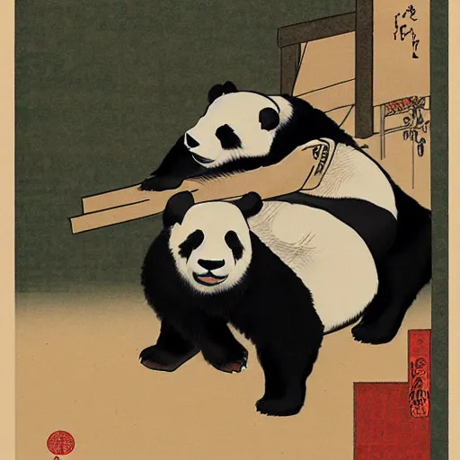 Prompt: a panda and moose kissing, shunga style, ukiyo - e art, artstation