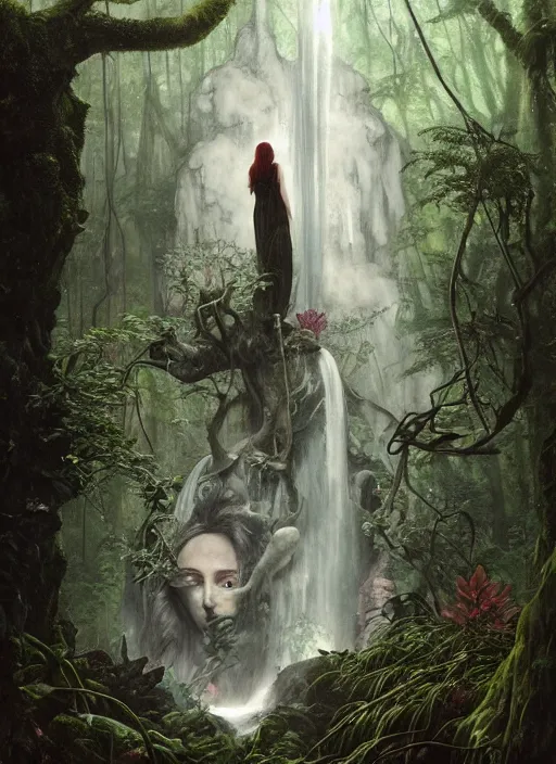 Image similar to a hyper realistic architectural witch shrine under a waterfall in the woods, gorgeous lighting, lush forest foliage, painting by chiara bautista and tom bagshaw, muca beksinski and norman rockwell and greg rutkowski weta studio, and lucasfilm