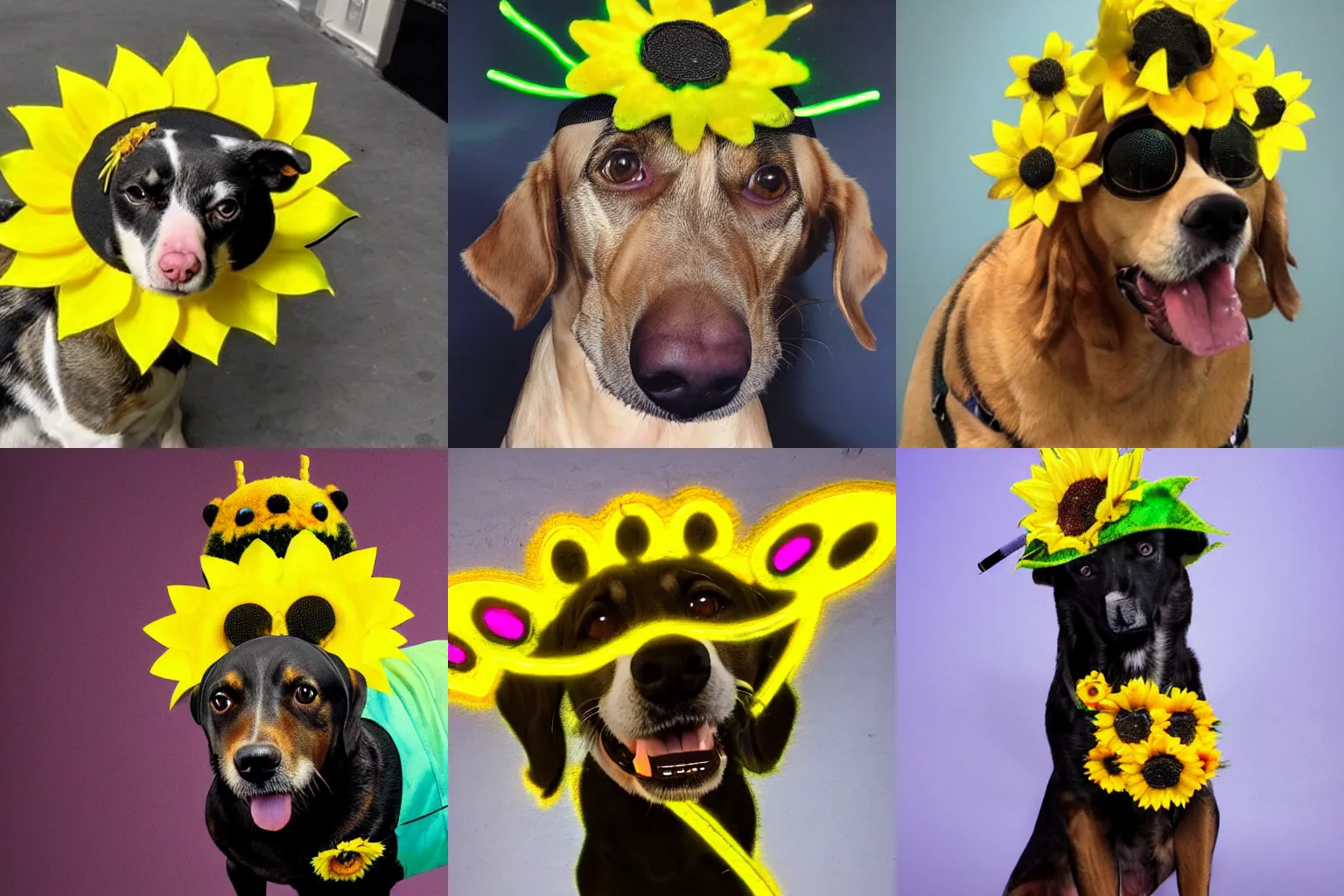 Prompt: dog wearing a sunflower as a hat covered in bumblebees, photo realistic, neon lighting, realistic shadows