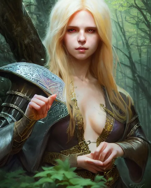 Prompt: blonde young sorceress with a cloak and leather tabard armor casting a spell in the forest, fantasy character portrait, ultra realistic, concept art, intricate details, highly detailed by ilya kuvshinov, greg rutkowski, gaston bussiere, craig mullins, simon bisley