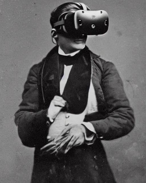 Image similar to 1 8 0 0 s photo of a person wearing a vr virtual reality headset