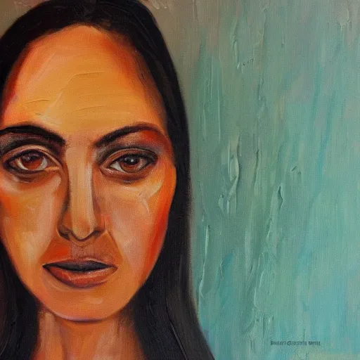 Prompt: portrait close-up face centre oil on canvas of Mireia Gràcia Distribució