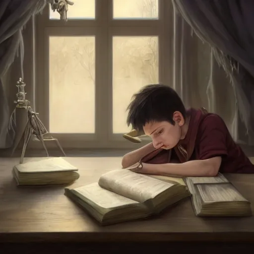 Prompt: Epic portrait An exhausted boy doing homework while his angry dad is watching him, Blurred backround, Cozy, atmospheric, digital painting, artstation, concept art, soft light, hdri, smooth, sharp focus, illustration, fantasy, intricate, elegant, highly detailed, D&D, matte painting, in the style of Greg Rutkowski and Alphonse Mucha and artemisia, 8k, highly detailed, jurgens, rutkowski, bouguereau, pastoral, rustic, georgic