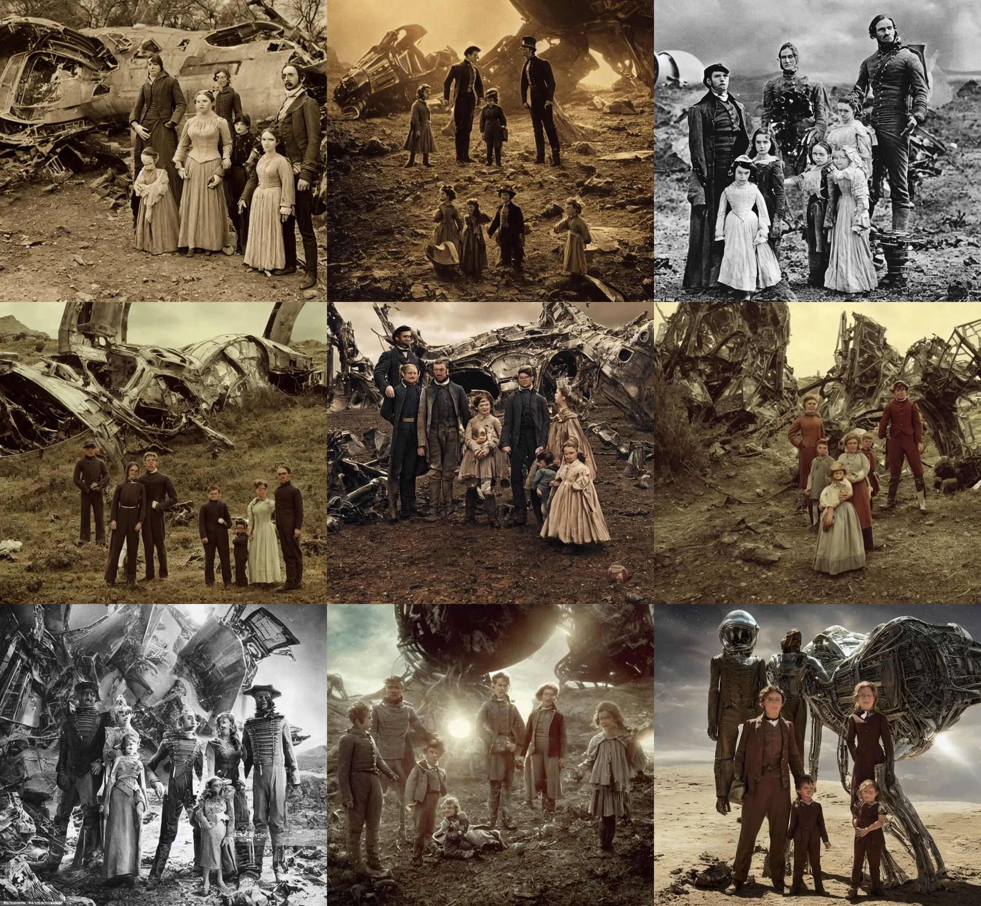 Prompt: extremely sharply detailed, from blockbuster sci fi 6 4 k color movie freeze frame, set in 1 8 6 0, family standing in front of a crashed spaceship, on alien planet, looking happy, wearing 1 8 5 0 s era clothes, atmospheric lighting, in focus, reflective eyes, 2 mm macro lens, live action, nice composition, good photography, clear facial details