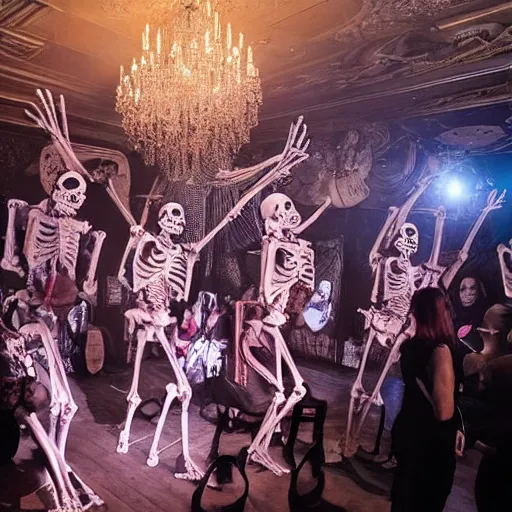 Prompt: photo, a giant crowd of realistic anatomically correct skeletons, dancing sensually with a multi-ethnic group of beautiful human women wearing intricate beatiful colorful rococo gowns, inside a hellish nightclub lit by candles and blue lasers