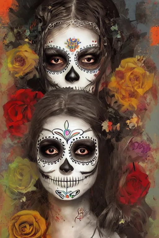 Image similar to illustration of a sugar skull day of the dead girl, art by ruan jia