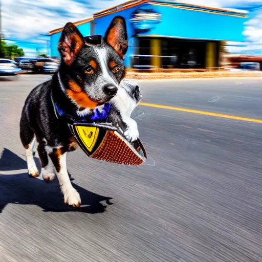 Image similar to blue heeler dog on a motorcycle, 8 k photography, blurred background of a wafflehouse