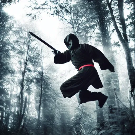 Prompt: An award winning photograph of a ninja in a moody forrest jumping, anime, steampunk, insanley detalied