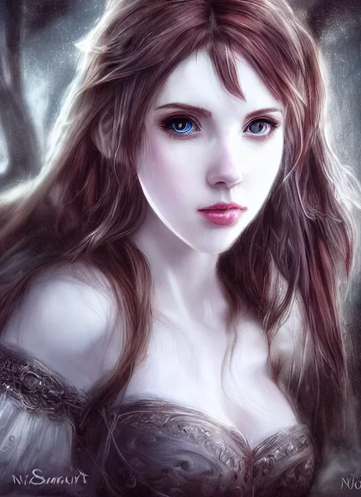 Image similar to of dark fantasy, young beautiful Amouranth, close up face portrait, medium shot, intricate, elegant, ethereal dreamy light, highly detailed, concept art, smooth, sharp focus, illustration, art by Nicola Samuri