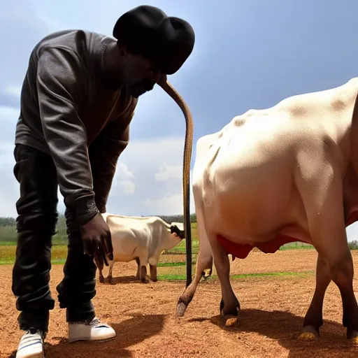 Prompt: kanye west milking a cow, ultra realistic, 8 k, ultra details, highly detailed face, sharp focus