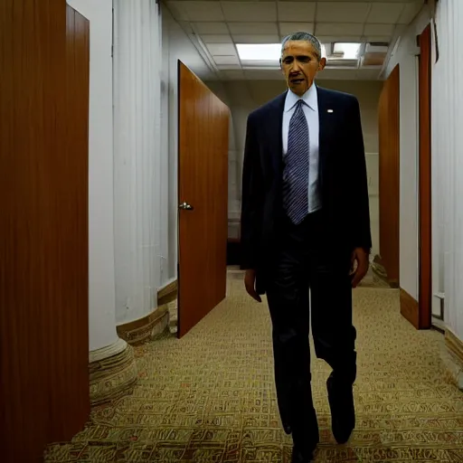 Prompt: Obama lost in the backrooms, old moist carpet, mono-yellow, fluorescent lights, randomly segmented rooms, eerie