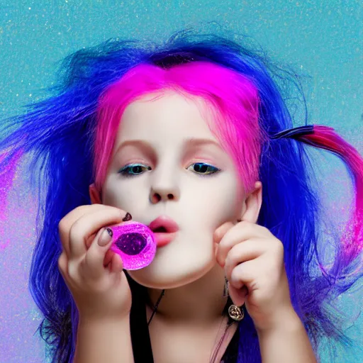 Image similar to girl with blue hair blowing a pink bubble. graphic design