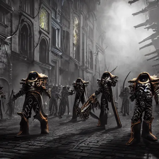 Image similar to army of slender gothic space-marines from warhammer in the streets of a baroque cyberpunk metropolis, daylight, grimdark, ultra wide shot, hypermaximalistic, photorealistic high details, photography 8k resolution, beautiful detailed, insanely intricate details, artstation trending, octane render, unreal engine