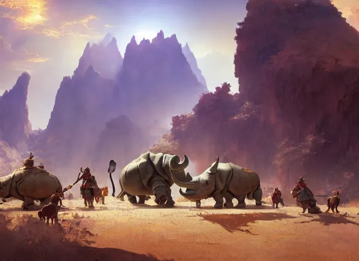 Image similar to the big large expedition with a lot of explores, warriors and adventurers, being brought by gigantic rhinos carrying stuff towards the desert of duhnes medium shot, studio ghibli animation, anime key art by craig mullins, bloom, dramatic lighting