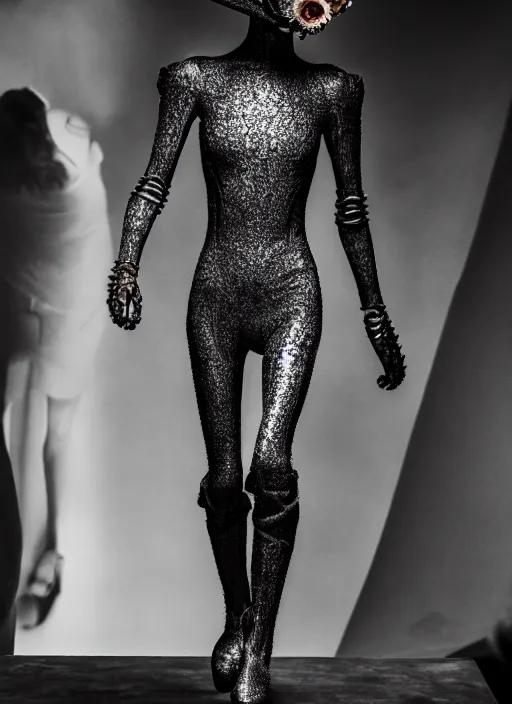 Image similar to walking down the catwalk, steven klein, show, stage, vogue photo, podium, fashion show photo, iris van herpen, beautiful woman, full body shot, helmet on face, masterpiece, plant predator, guyver, jellyfish, biomechanical details, movie still, fauvism, cinestill, bokeh, gelios lens