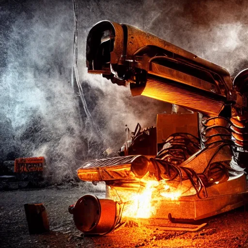 Image similar to toaster oven terminator robot, dark messy smoke - filled cluttered workshop, dark, dramatic lighting, orange tint, sparks, plasma charge, cinematic, highly detailed, sci - fi, futuristic, movie still