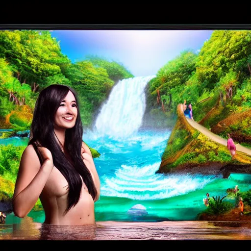 Image similar to an attractive woman holding an island with waterfalls coming off of it, happy, highly detailed, trending on art station, digital art, beautiful backdrop, highly detailed