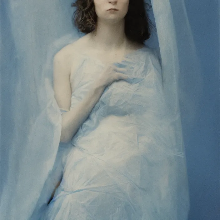 Prompt: closeup portrait of a woman wrapped in blue cellophane, standing in an abandoned cotton mill, color photograph, by vincent desiderio, canon eos c 3 0 0, ƒ 1. 8, 3 5 mm, 8 k, medium - format print
