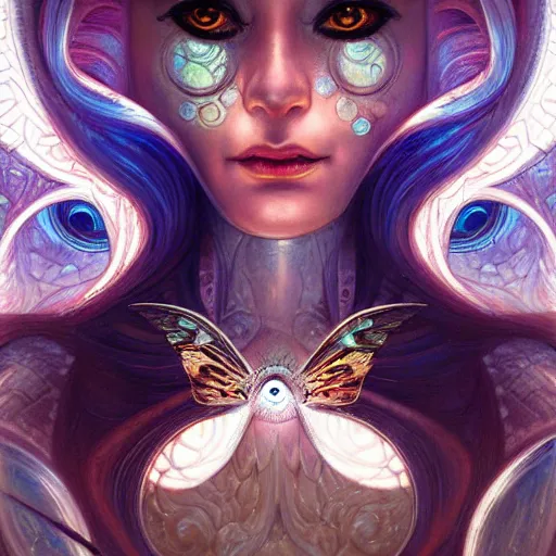 Image similar to beautiful closeup portrait of an art deco android fairy queen, glowing eyes. reflective detailed textures, moth wings, highly detailed dark fantasy science fiction painting by donato giancola and peter mohrbacher and nicholas roerich, elaborate geometric ornament, ancient runes, silver and cool colors. artstation