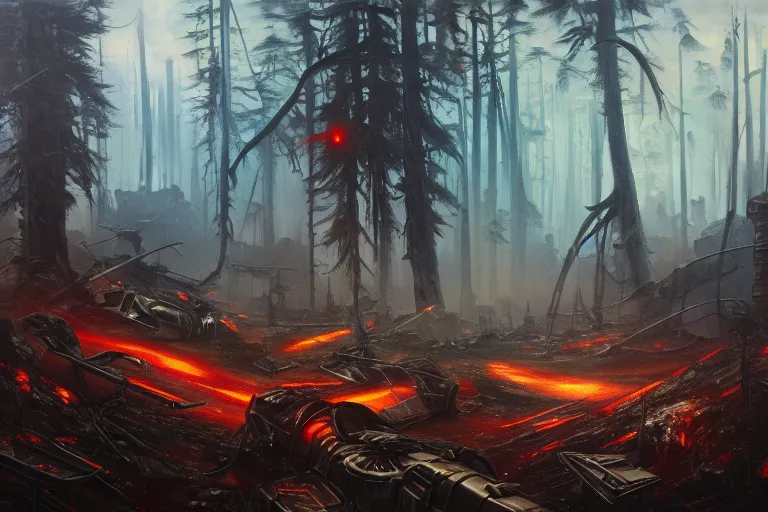 Prompt: grim oil painting of weaponized futuristic battlefield in a destroyed forest, magali villeneuve, trending on artstation