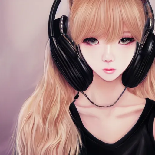 Image similar to realistic beautiful gorgeous natural cute Blackpink Lalisa Manoban blonde hair cute fur blonde cat ears, wearing camisole, wearing headphones, wearing black leather choker artwork drawn full HD 4K highest quality in artstyle by professional artists WLOP, Taejune Kim, Guweiz on Artstation Pixiv