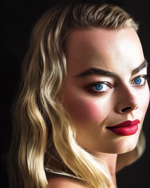 Image similar to dramatic line portrait of margot robbie, colorful glow