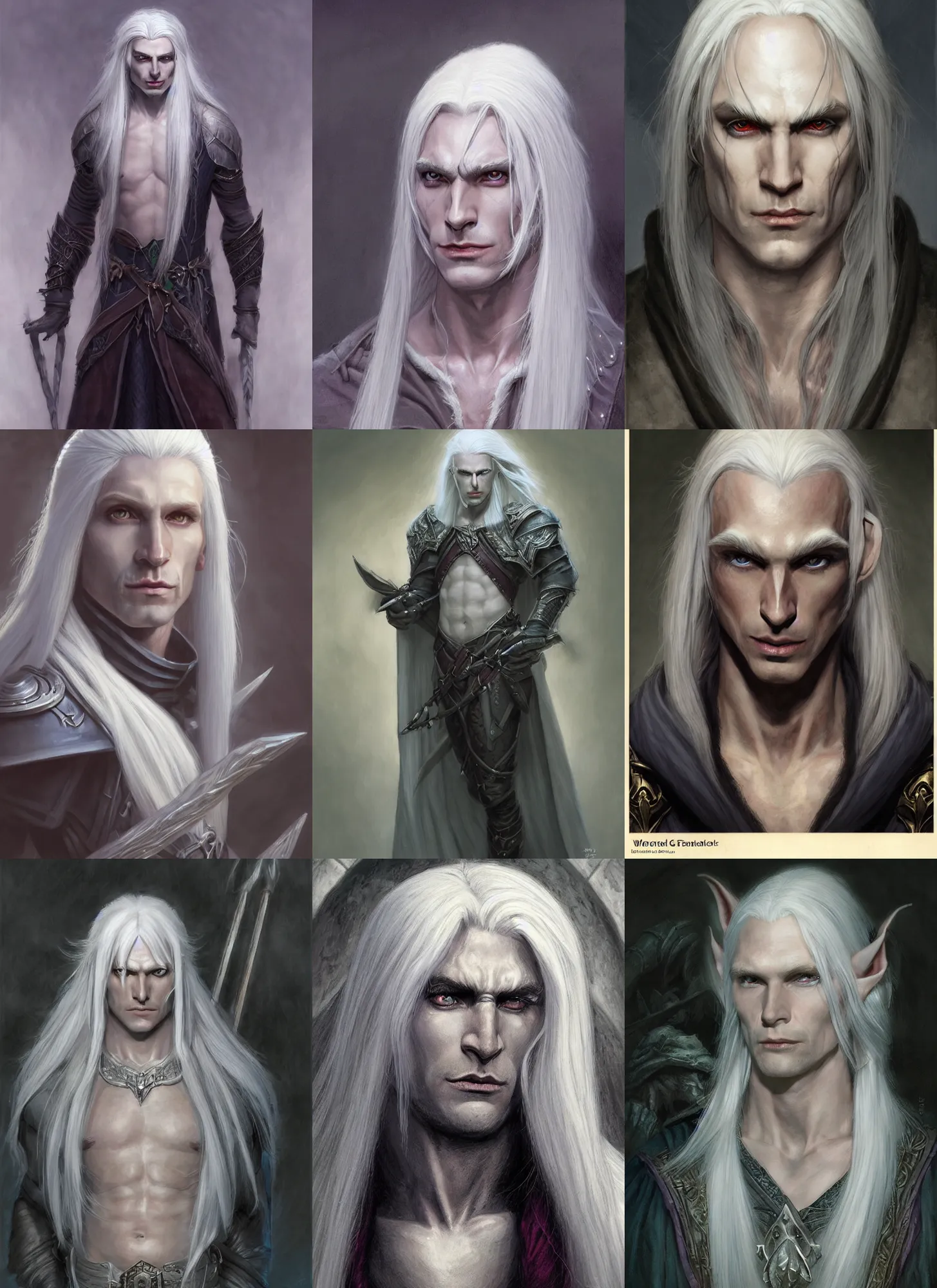 Prompt: a portrait of a male drow elf with long white hair, pale gray skin, buzzed hair on temple, young adult, defined cheek bones, serious, noble, style by donato giancola, wayne reynolds, jeff easley dramatic light, high detail, cinematic lighting, artstation, dungeons and dragons