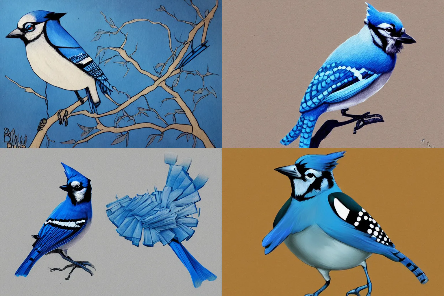 Prompt: blue jay bird in the style of artist Barrett Biggers