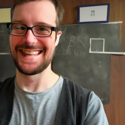 Prompt: photograph of a grinning geek