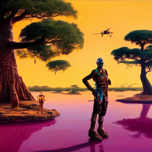 Image similar to a zulu cyberpunk hunter near a pink lake with a giant baobab tree in the middle by thomas blackshear and android jones in a surreal portrait style, oil on canvas, 8k resolution.