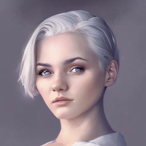 Prompt: portrait of a woman with short white hair, medium shot, illustration, highly detailed, high quality, by mandy jurgens