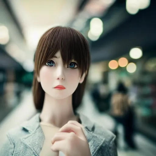 Image similar to a closeup portrait of woman walking in mall alone in style of 1990s, street photography seinen manga fashion edition, miniature porcelain model, focus on face, eye contact, tilt shift style scene background, soft lighting, Kodak Portra 400, cinematic style, telephoto