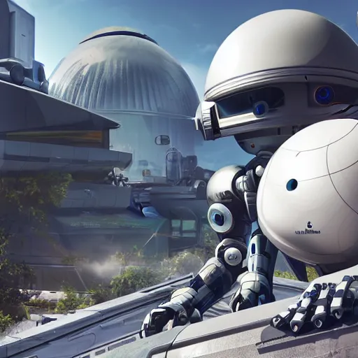 Image similar to friendly robot in front of a clean white sci-fi dome in a pleasant urban setting, peaceful, majestic, a sense of hope, in style of apex legends, art station, ultra hd, soft light, overhead sun, ultra hd, art station