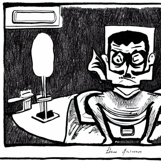 Prompt: ink comic drawing of a subgenius watching an alien on tv in the 1 9 5 0 s smoke sparks lighting trending on artstation