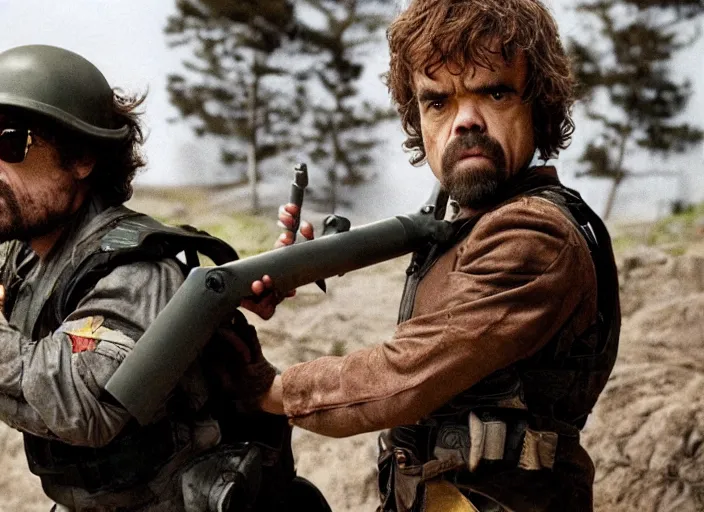 Image similar to peter dinklage holding a rocket launcher, movie still, from the new commando movie, 8 k, realistic