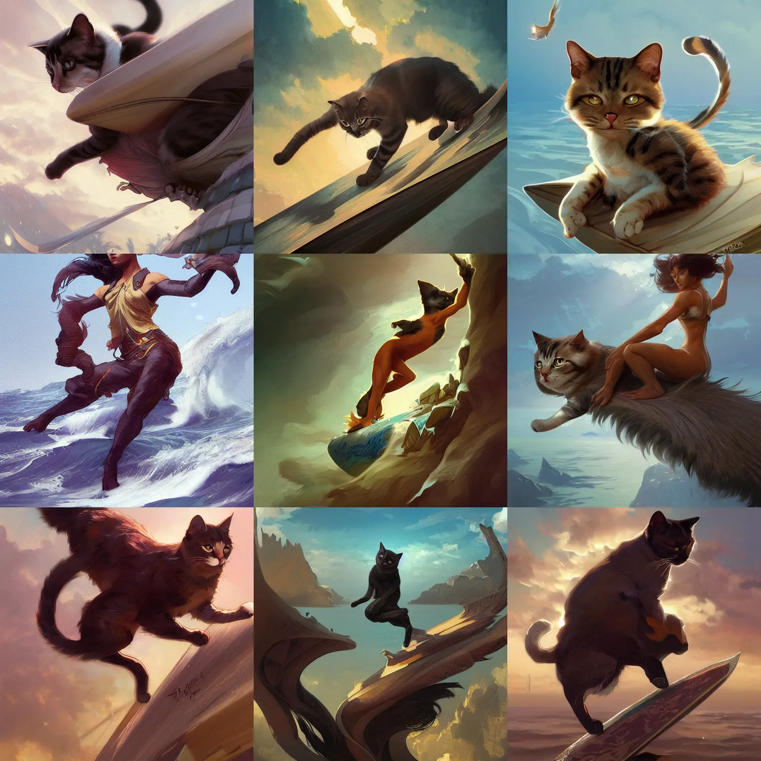 Prompt: cat surfing highly detailed, digital painting, artstation, concept art, matte, sharp focus, illustration, art by artgerm and greg rutkowski and alphonse mucha