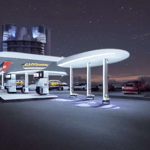 Image similar to sci - fi gas station next to a glowing white clean sci - fi building, a sense of hope and optimism, hyper realistic, high res, 4 k, harsh light, edouard groult, bynde, kirill leonov, isaac zuren